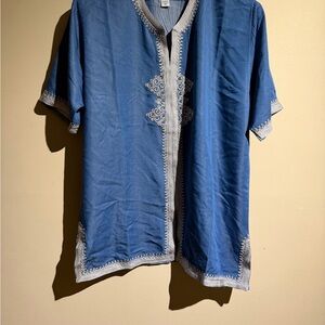 Moroccan Men Tunic Shirt Cafan Casual Handmade Embroidered Cotton Large Blue